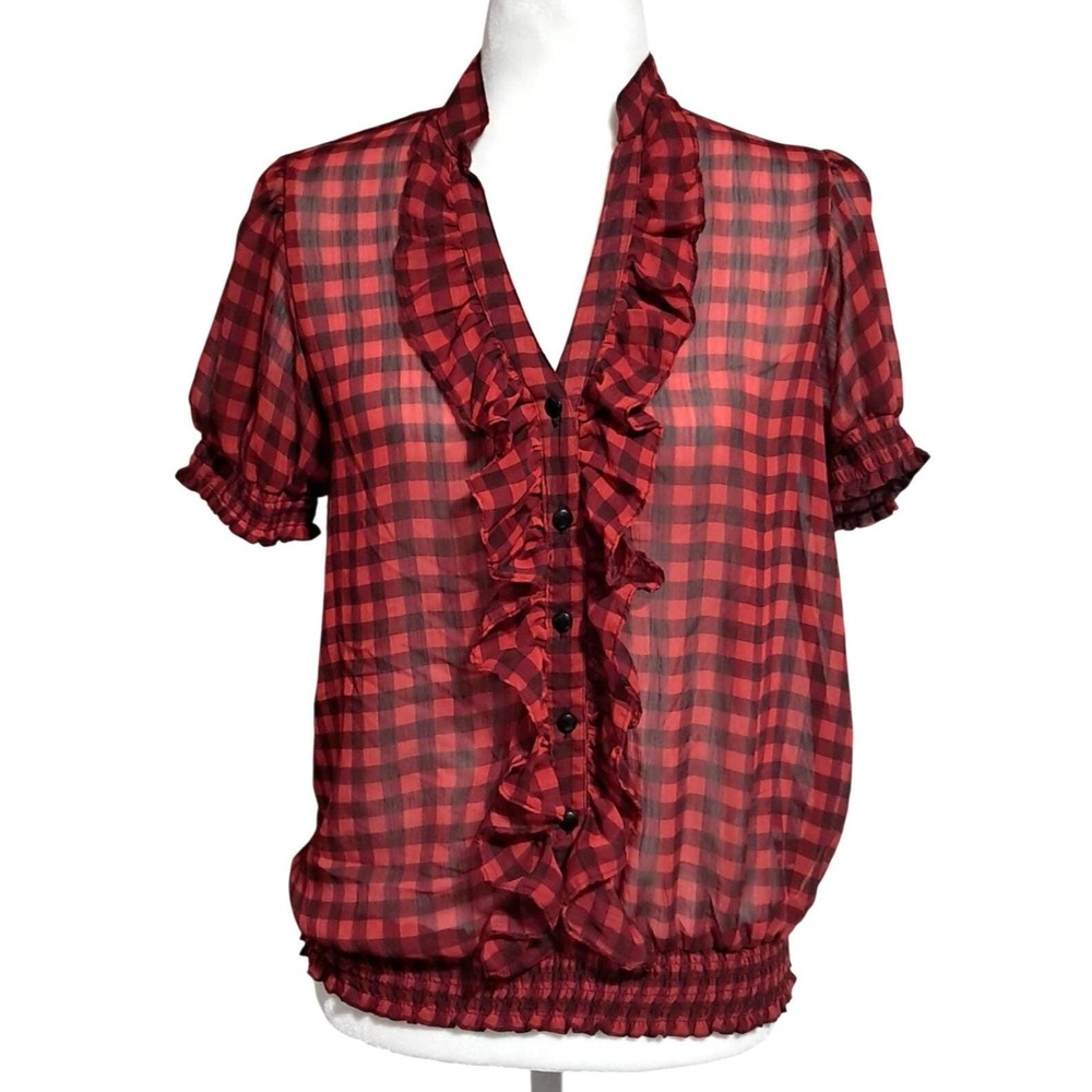 Cottagecore One Clothing Ruffle Blouse Womens Large Red Plaid Sheer Short Sleeve